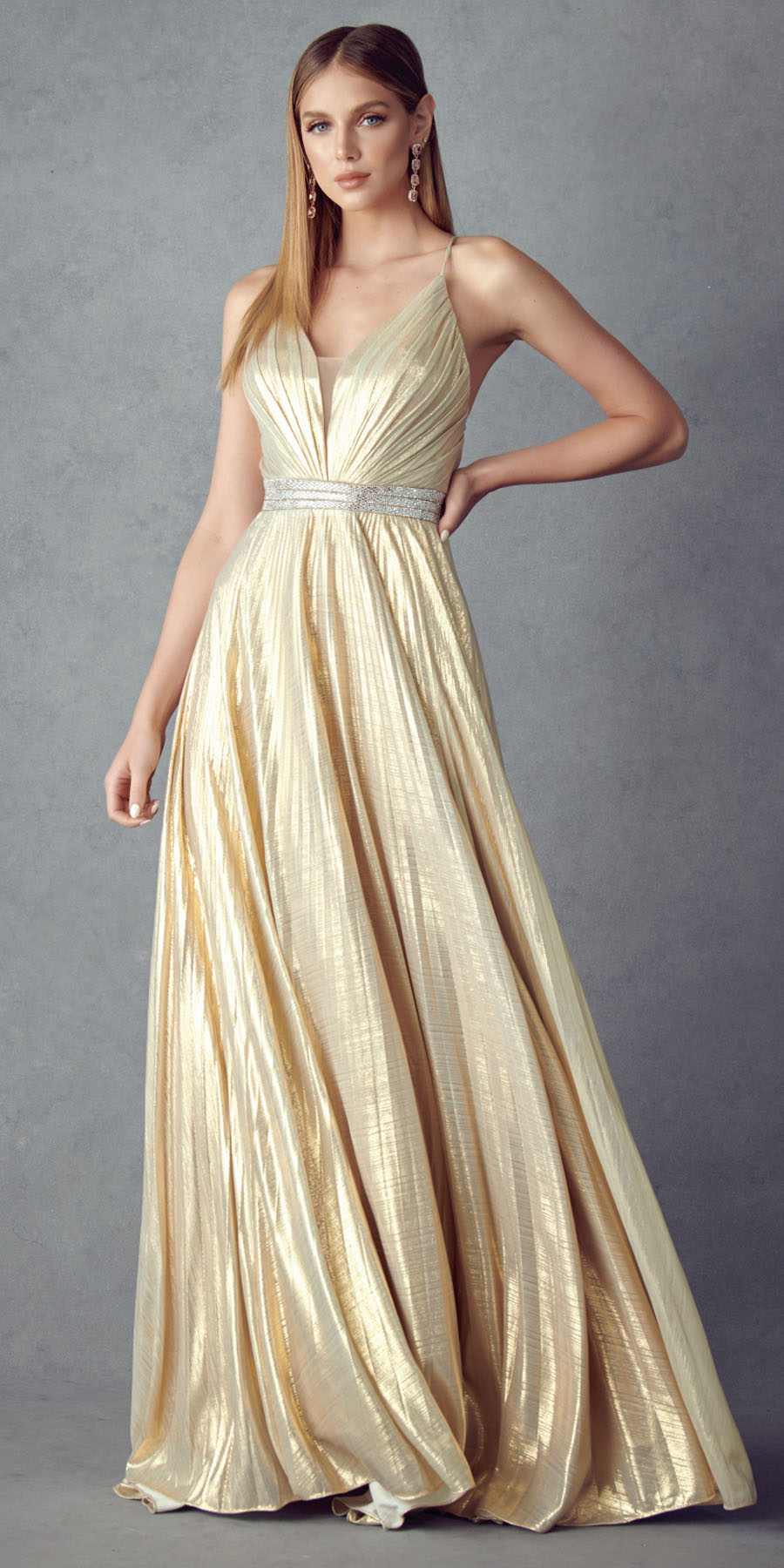 Juliet 226 Metallic Pleated Long Dress A-Line Lace-Up Back by DiscountDressShop