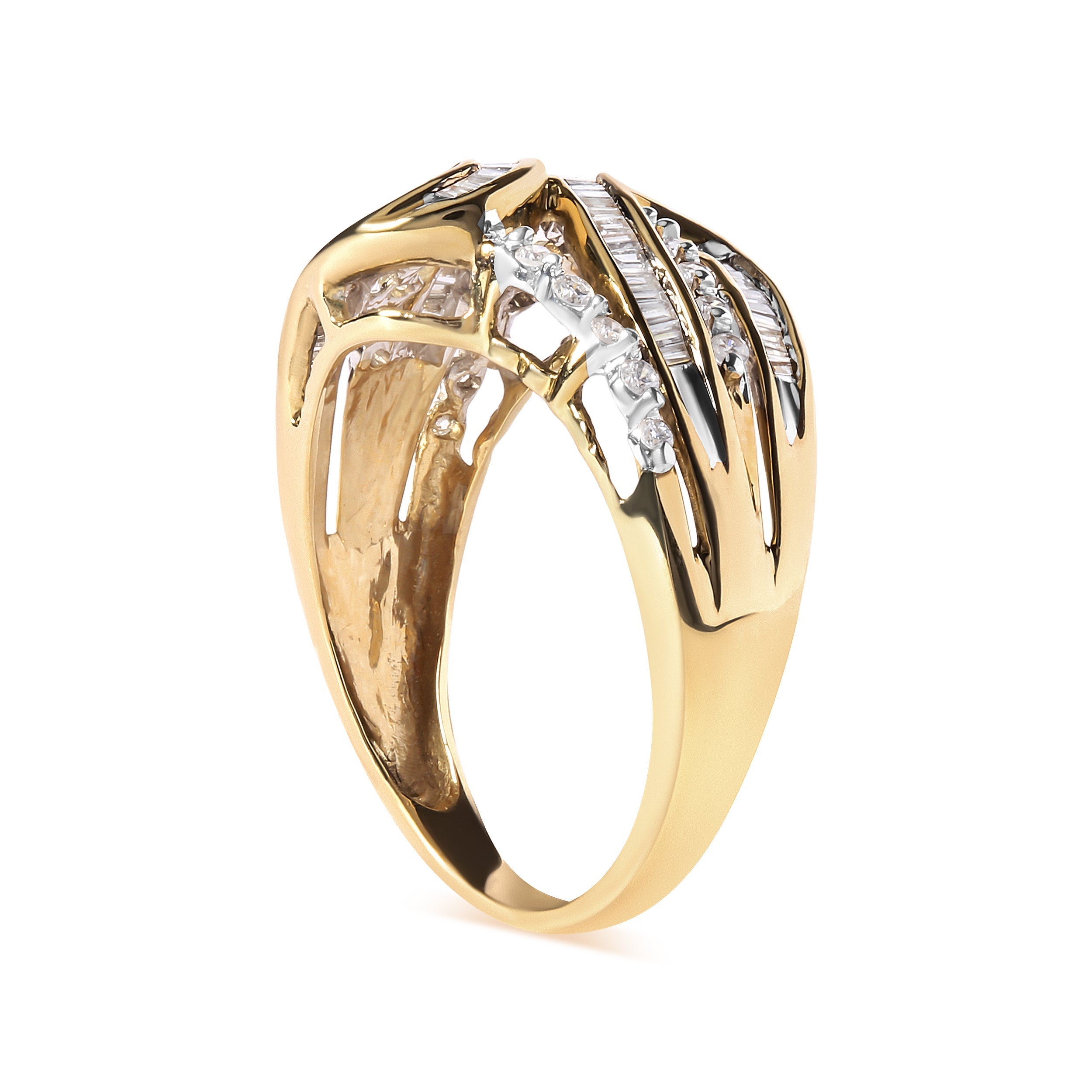 10K Yellow Gold 1/2 Cttw Round and Baguette cut Diamond Open Space Bypass Ring (H-I Color, SI2-I1 Clarity) - Ring Size 7 DestGlow