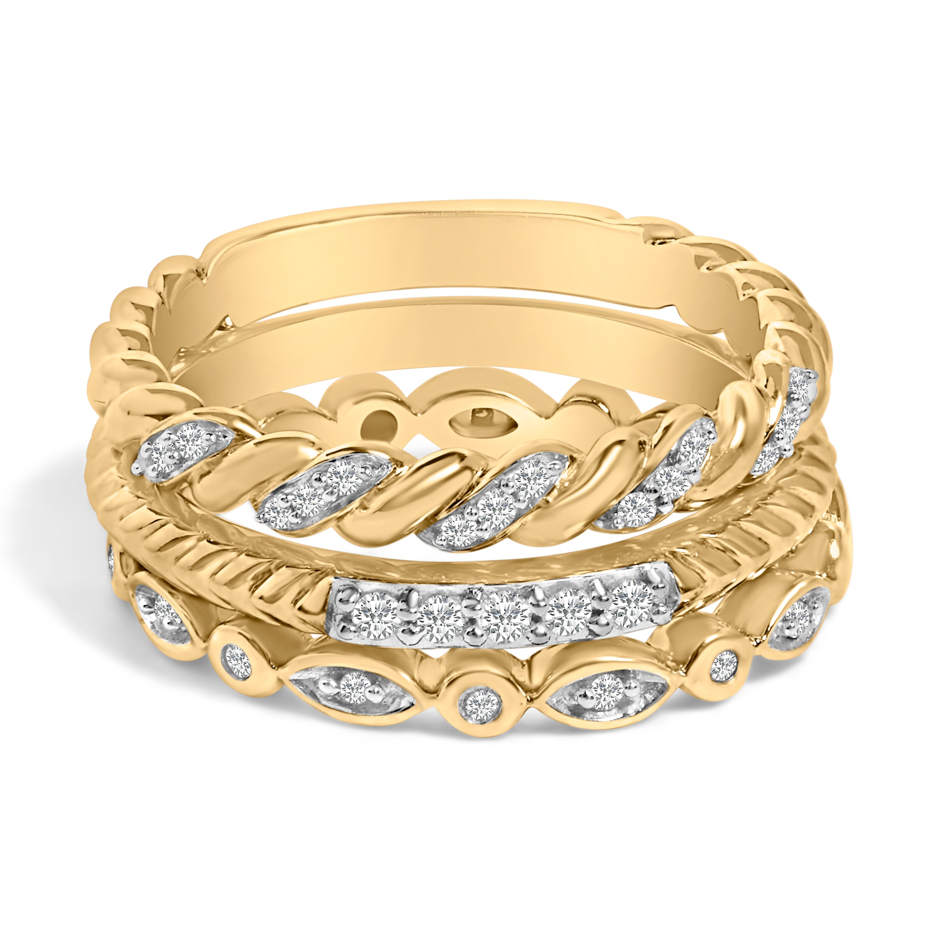 14K Yellow Gold Plated Sterling Silver 1/4 Cttw Diamond Twist Leaf Stackable Ring Set DestGlow