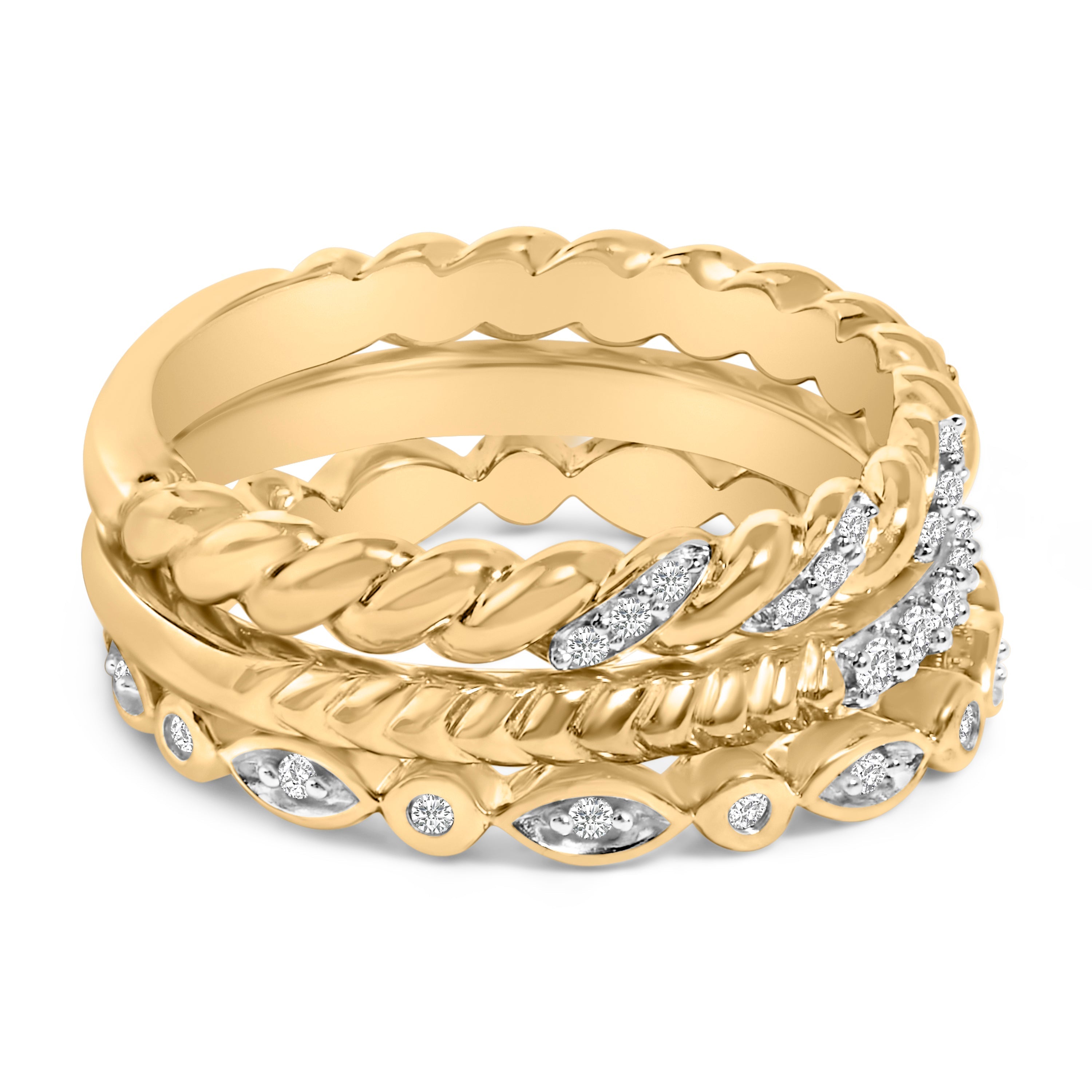 14K Yellow Gold Plated Sterling Silver 1/4 Cttw Diamond Twist Leaf Stackable Ring Set DestGlow