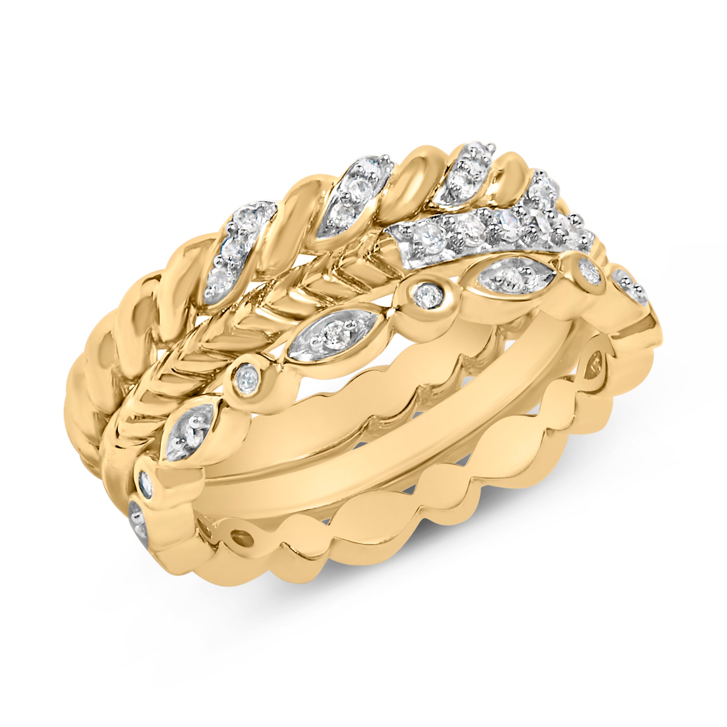 14K Yellow Gold Plated Sterling Silver 1/4 Cttw Diamond Twist Leaf Stackable Ring Set DestGlow