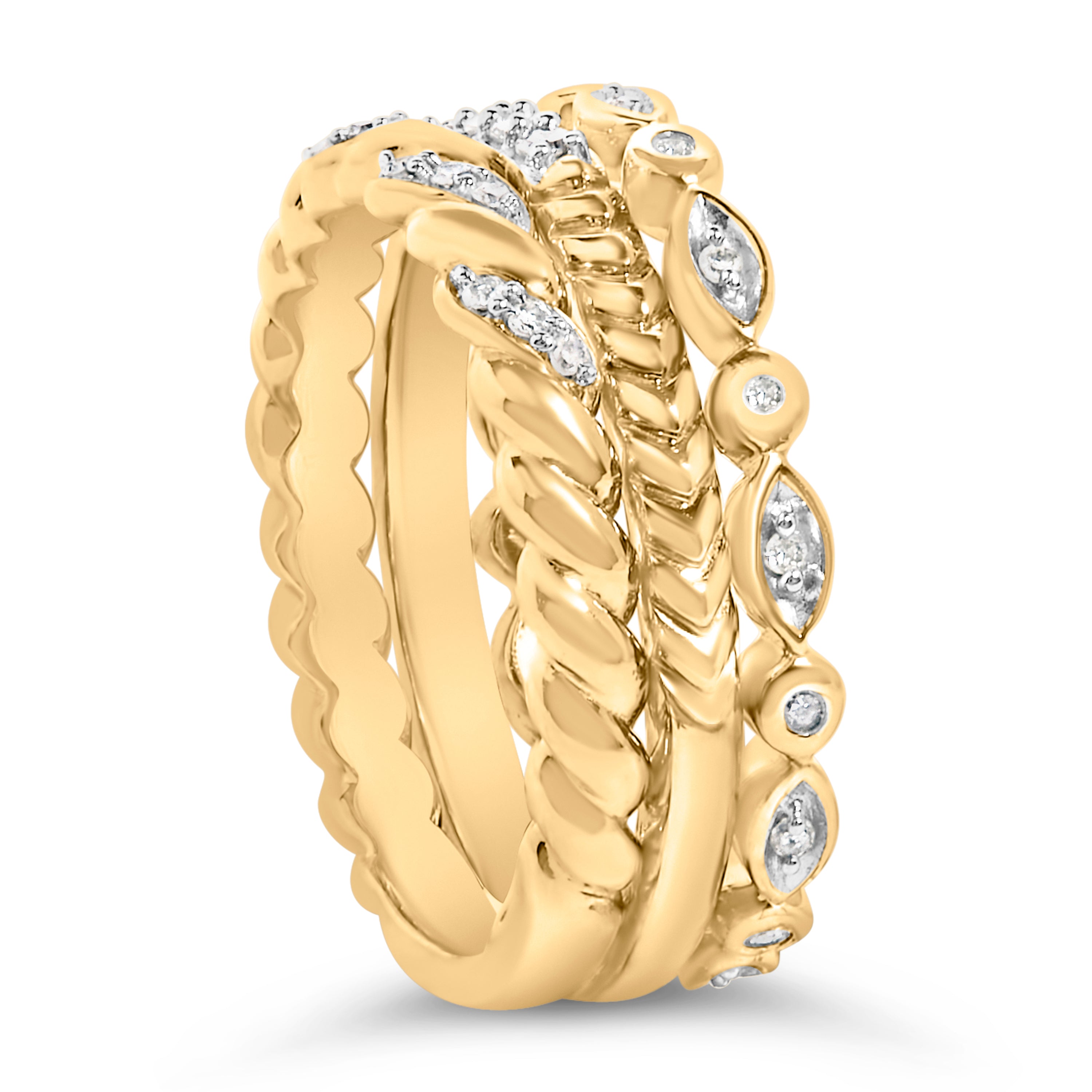 14K Yellow Gold Plated Sterling Silver 1/4 Cttw Diamond Twist Leaf Stackable Ring Set DestGlow