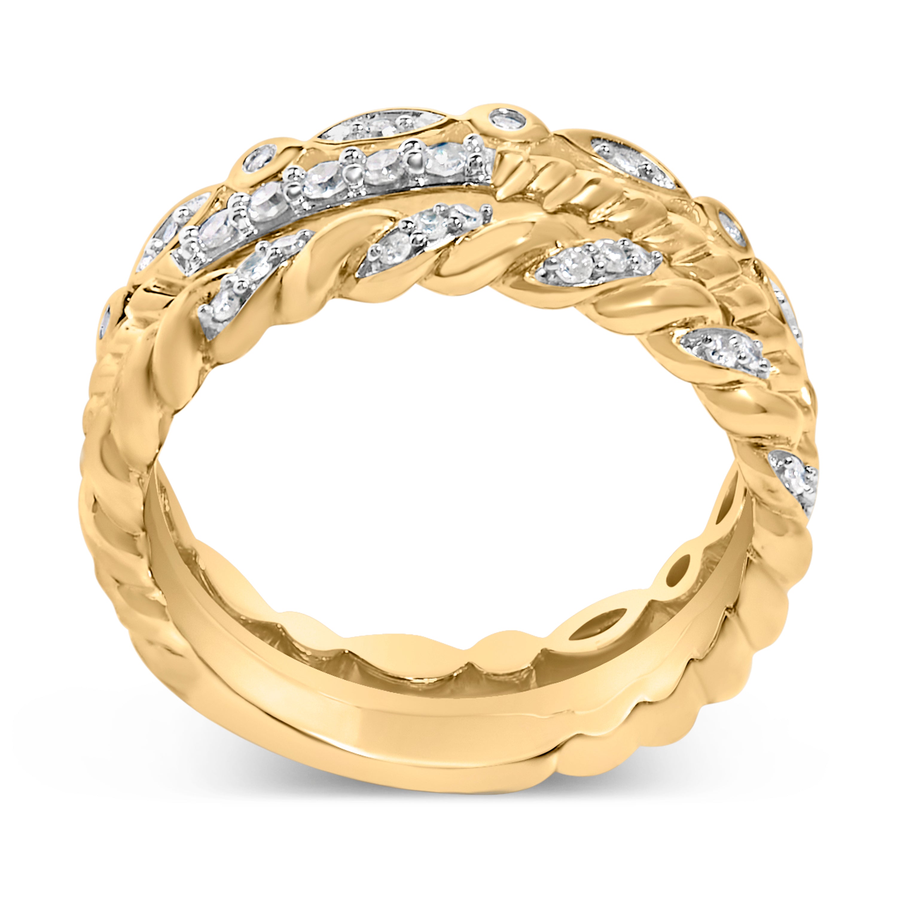14K Yellow Gold Plated Sterling Silver 1/4 Cttw Diamond Twist Leaf Stackable Ring Set DestGlow