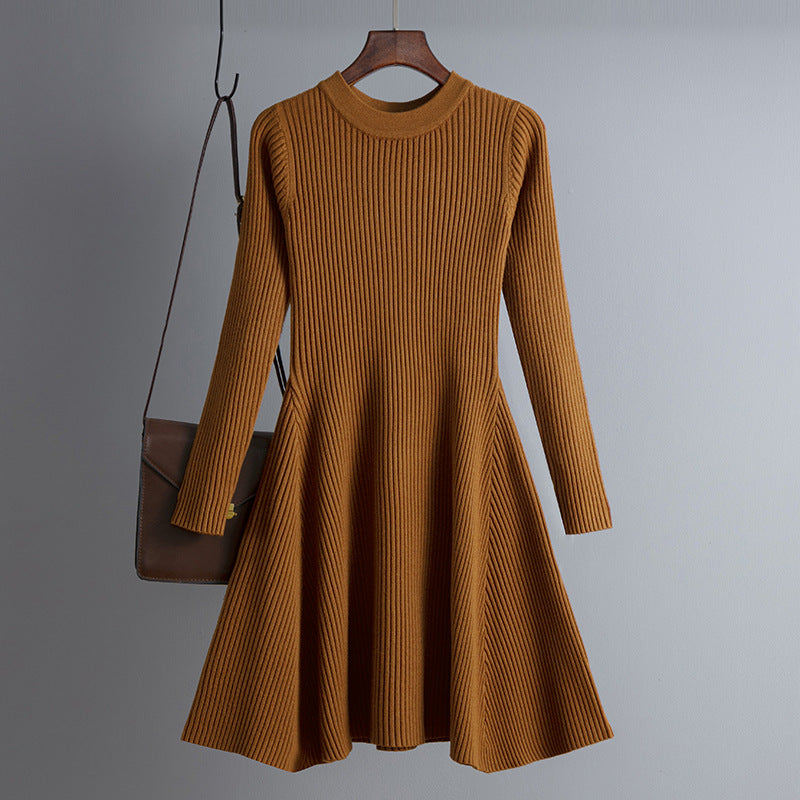 Dress Autumn Winter Women Knitted Long Sleeved Solid Color Slim Fit Bottoming Inner Wear A- line Dress by Ragazza