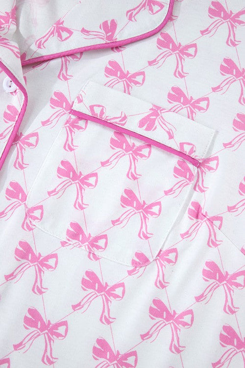 Women's Pink Bow Print Pajama Set - Short Sleeve Shirt & Ruffled Shorts