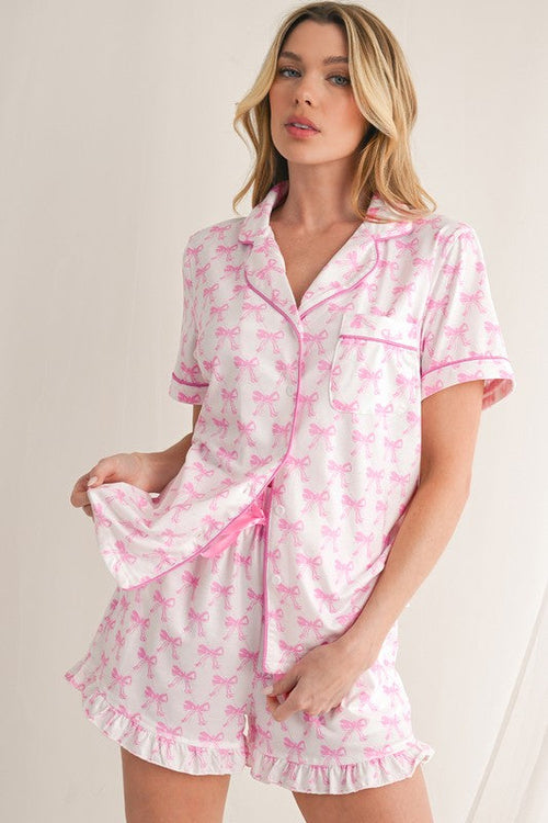 Women's Pink Bow Print Pajama Set - Short Sleeve Shirt & Ruffled Shorts