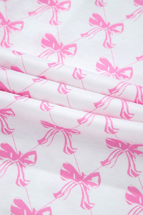 Women's Pink Bow Print Pajama Set - Short Sleeve Shirt & Ruffled Shorts