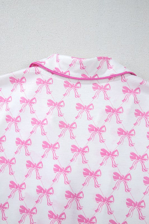 Women's Pink Bow Print Pajama Set - Short Sleeve Shirt & Ruffled Shorts