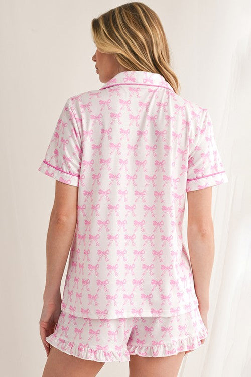 Women's Pink Bow Print Pajama Set - Short Sleeve Shirt & Ruffled Shorts