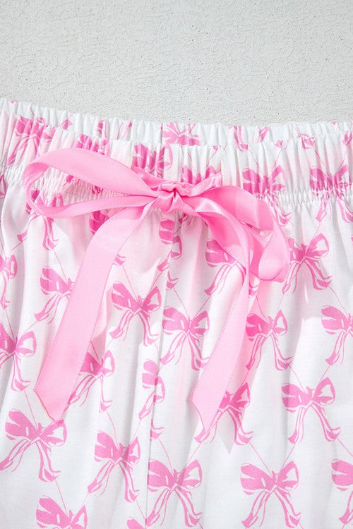 Women's Pink Bow Print Pajama Set - Short Sleeve Shirt & Ruffled Shorts
