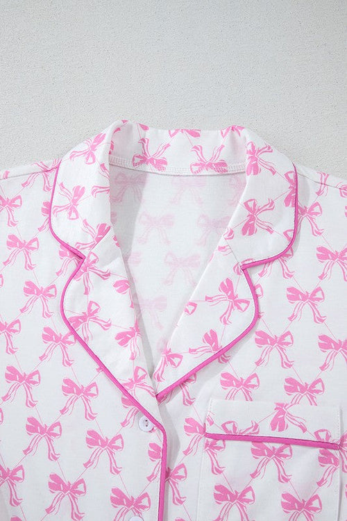 Women's Pink Bow Print Pajama Set - Short Sleeve Shirt & Ruffled Shorts