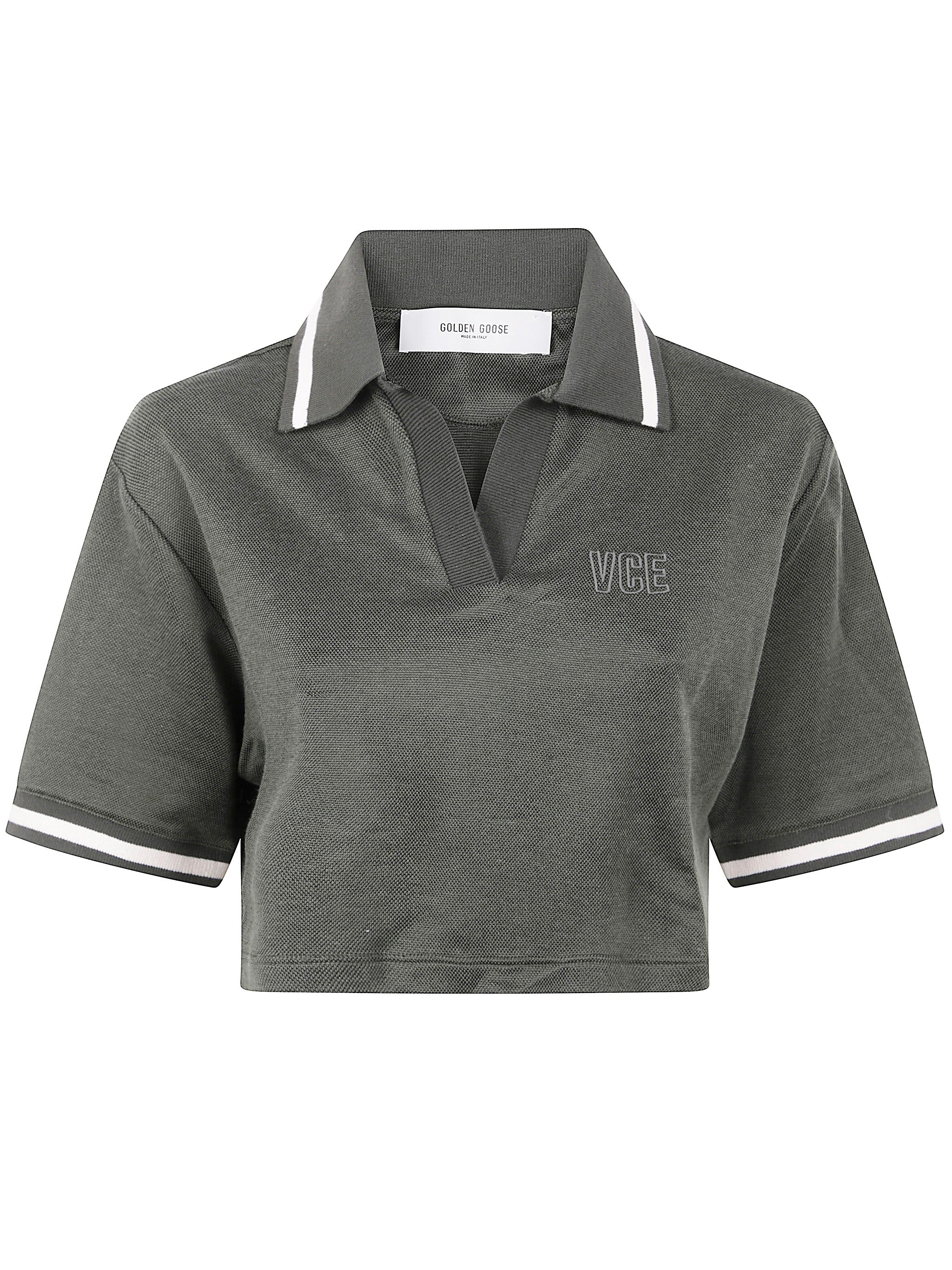 Golden Goose Women "Journey W`S" Medium Crop Polo Fluid Jersey Knitted Rib Micro Piquet Tonal Embroidery by Luosophy