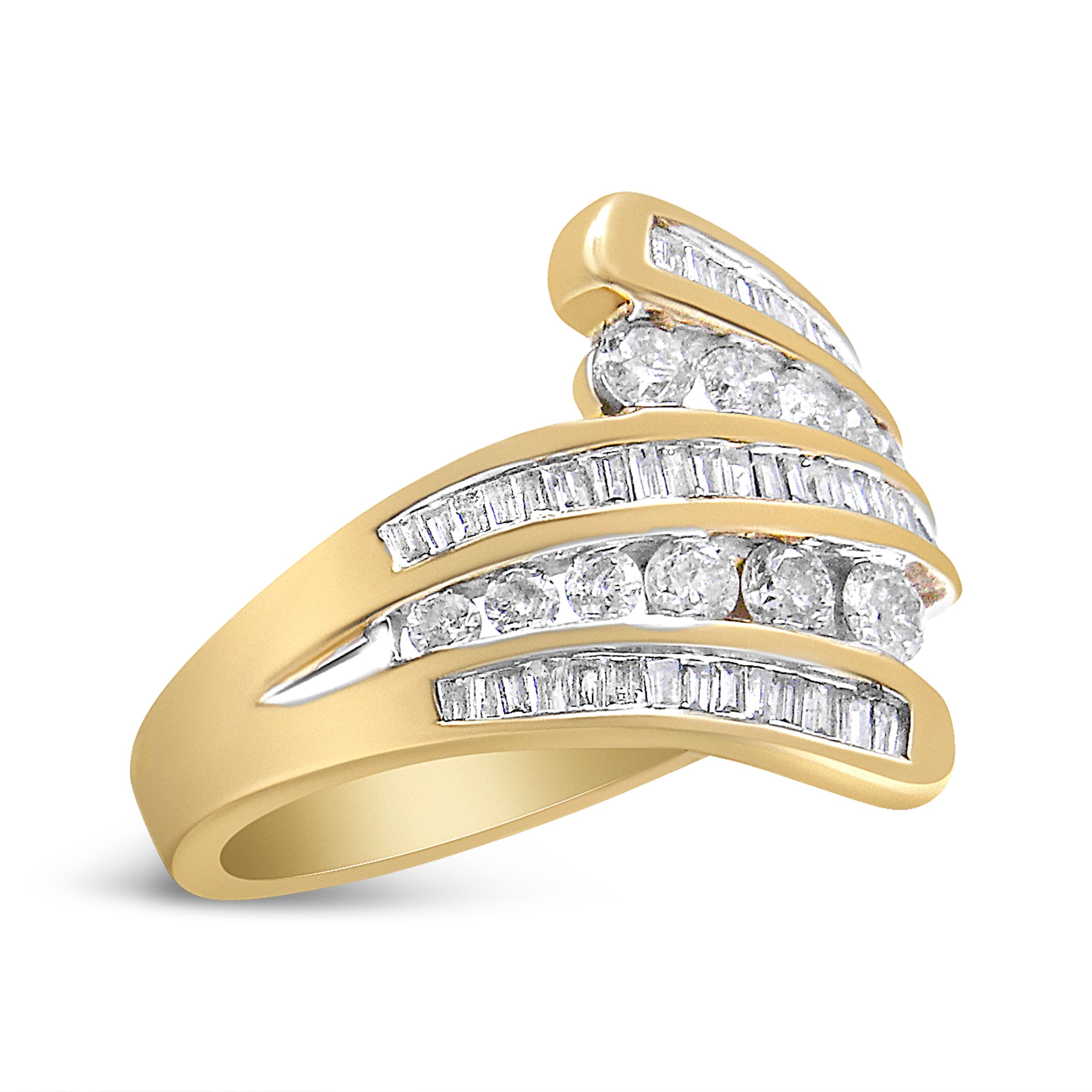 10K Yellow Gold 1 Cttw Round and Baguette-Cut Diamond Multi Row Bypass Ring Band (H-I Color, I1-I2 Clarity) - Ring Size 7 by Bids.com