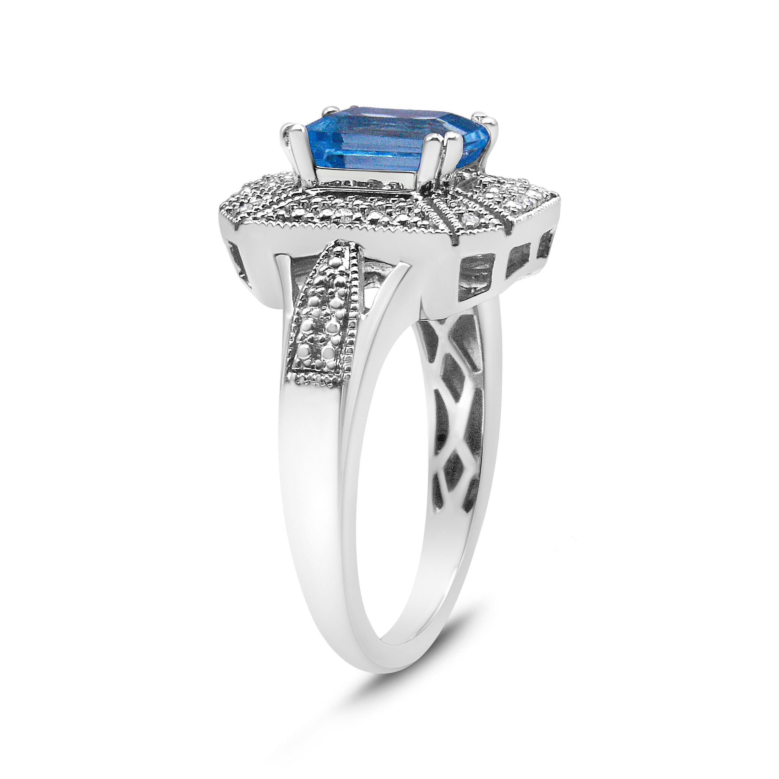 .925 Sterling Silver Diamond Accent and 8X6 mm Emerald-Shape Blue Topaz Ring (I-J Color, I2-I3 Clarity) - Ring Size 7 DestGlow