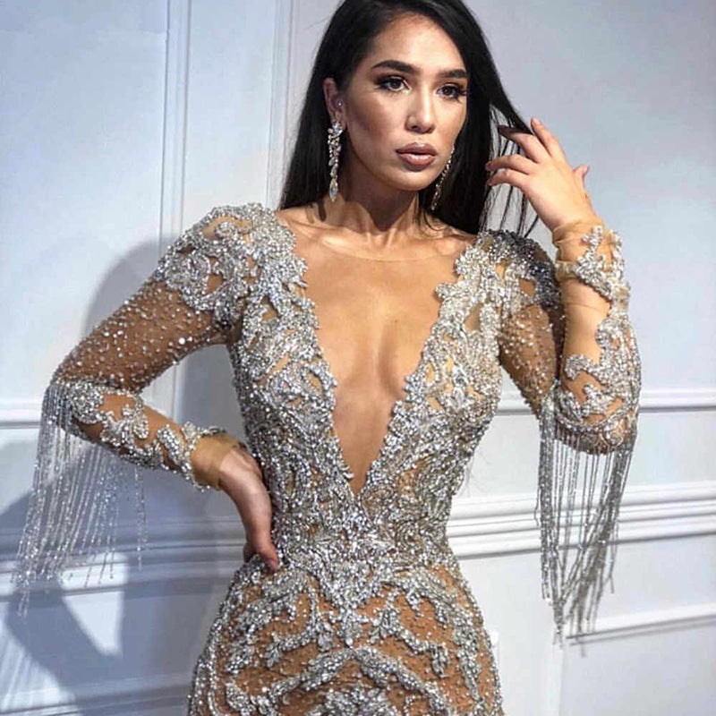 Women Clothing Deep V Plunge neck Hollow Out Cutout out Long Sleeve Gold Maxi Dress by Ragazza