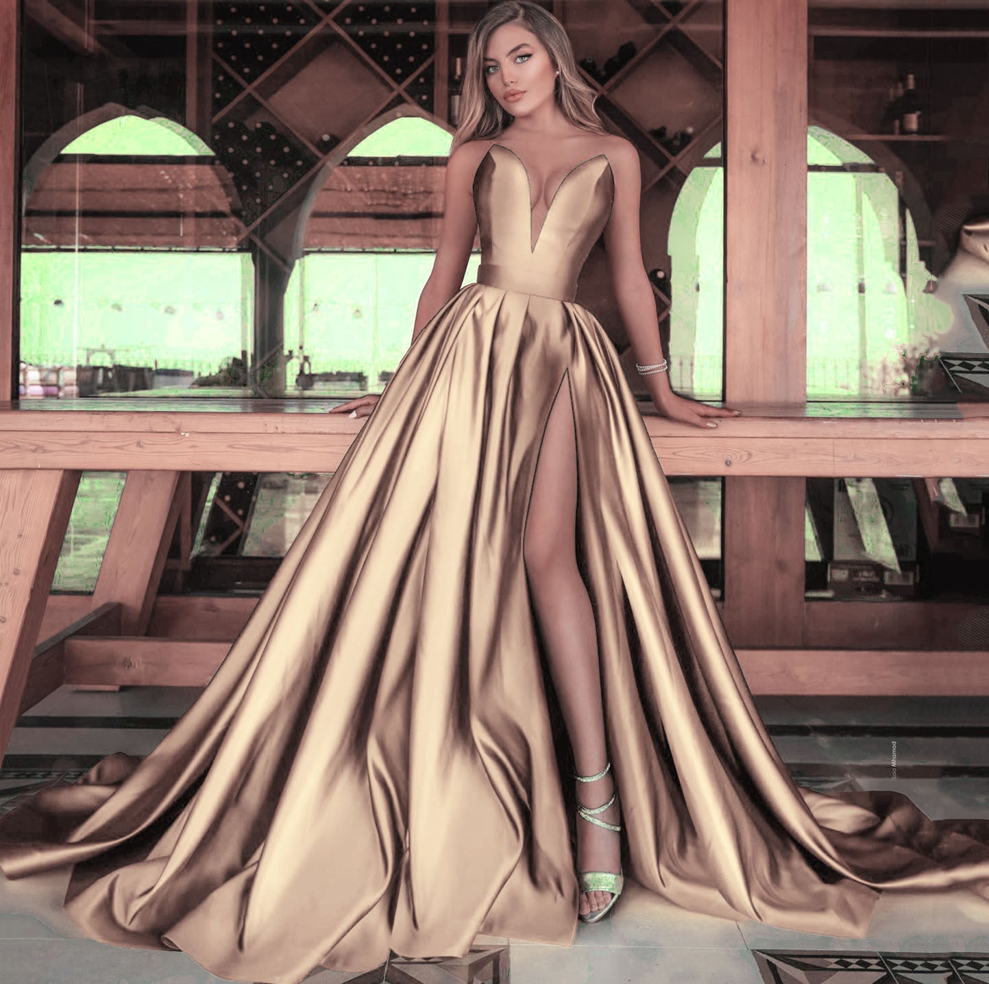 Autumn Winter Women Clothing Sexy Deep V Plunge Plunge Split Maxi Dress Wedding Dress by Ragazza