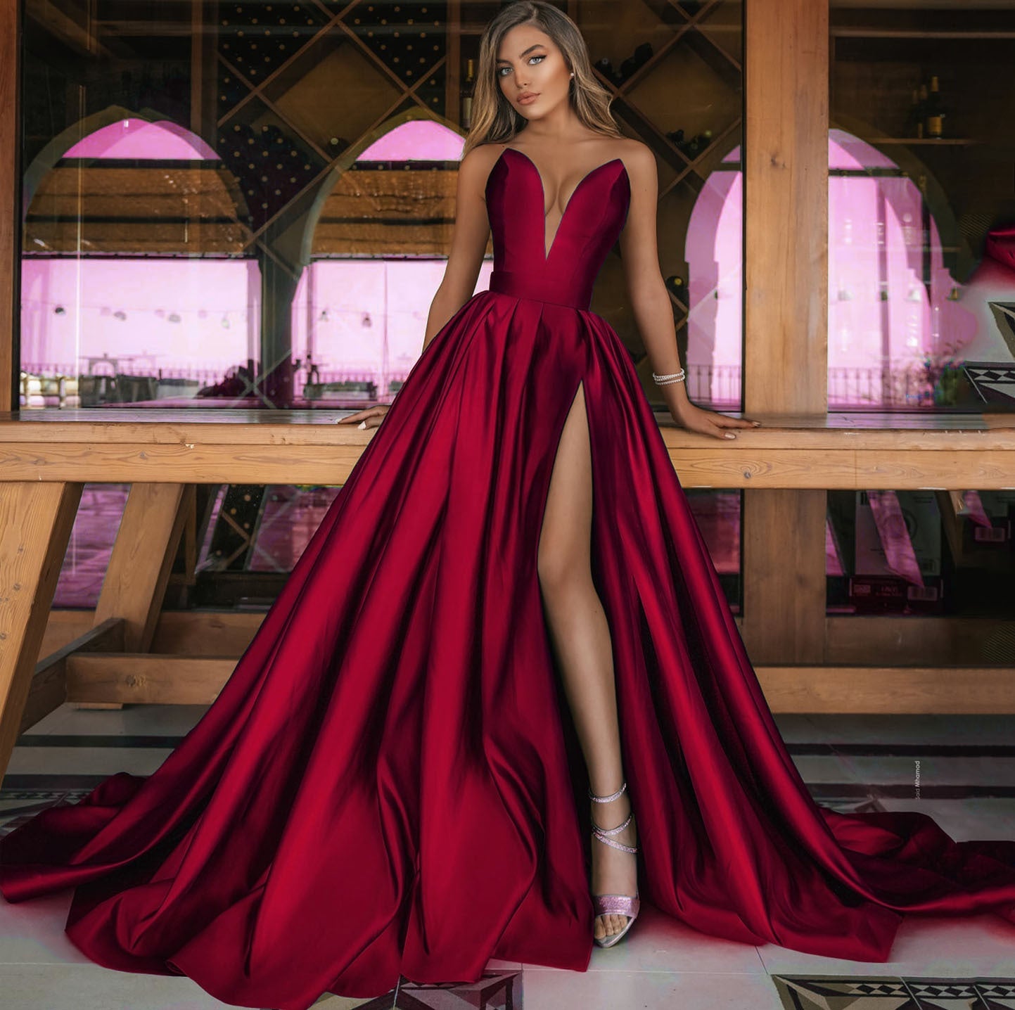 Autumn Winter Women Clothing Sexy Deep V Plunge Plunge Split Maxi Dress Wedding Dress by Ragazza