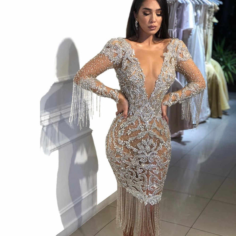 Women Clothing Deep V Plunge neck Hollow Out Cutout out Long Sleeve Gold Maxi Dress by Ragazza