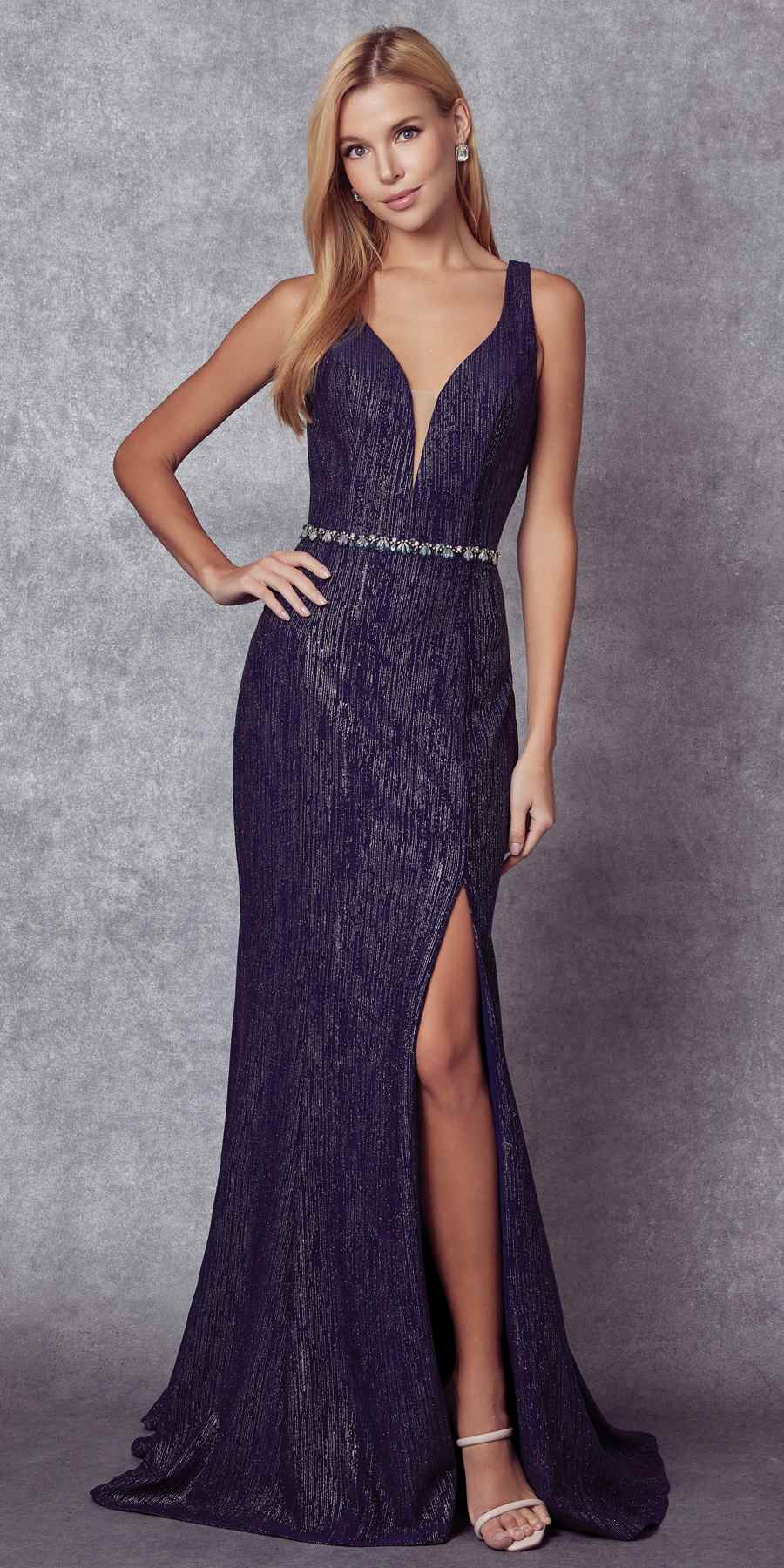Juliet 237 Strappy-Back Long Prom Dress with Slit by DiscountDressShop