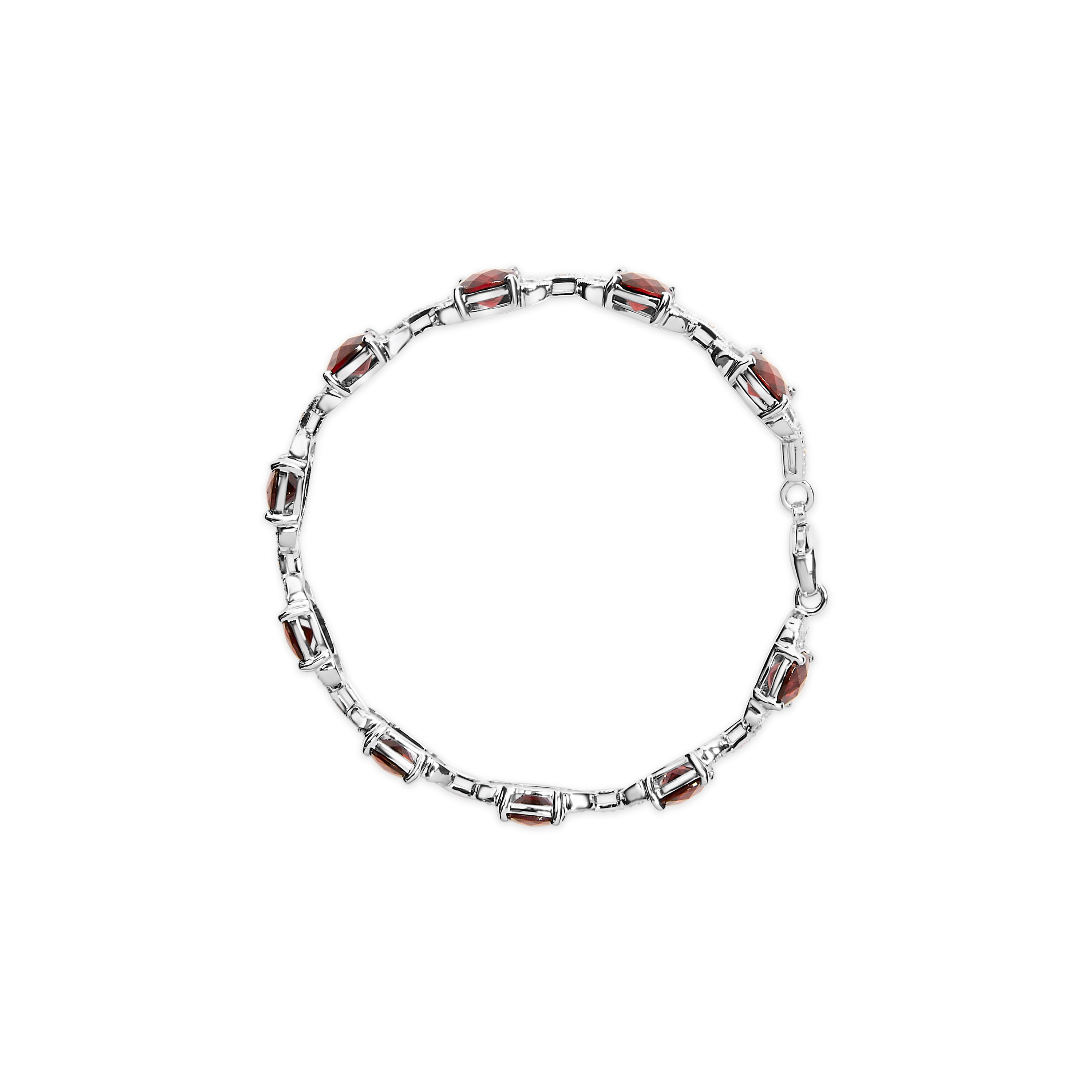 .925 Sterling Silver 7x7mm Checkered Cushion Red Garnet and Diamond Accent Fashion Tennis Link Bracelet (I-J Color, I1-I2 Clarity) - Size 7" Inch DestGlow