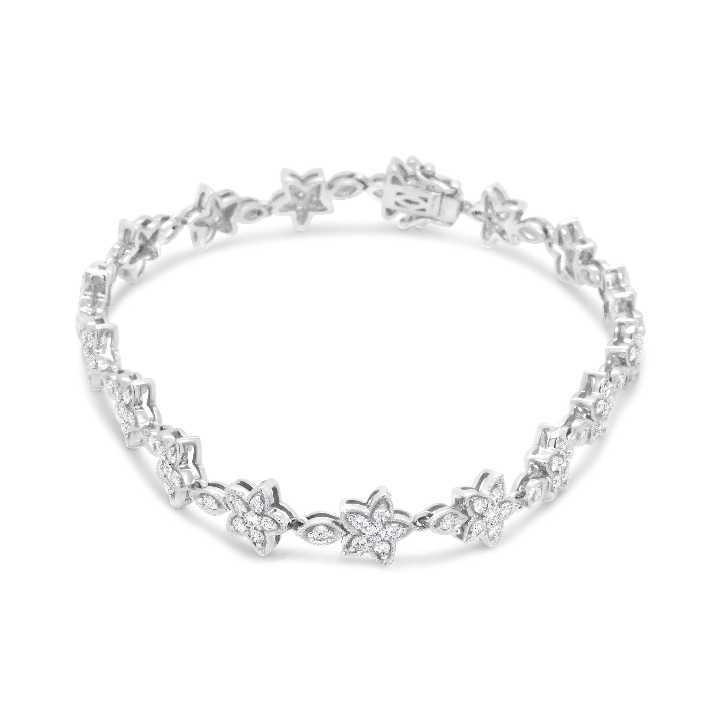 14K White Gold 1 1/5 Cttw Round Diamond Flower Blossom Link Bracelet (H-I Color, SI1-SI2 Clarity) - Size 7" DestGlow