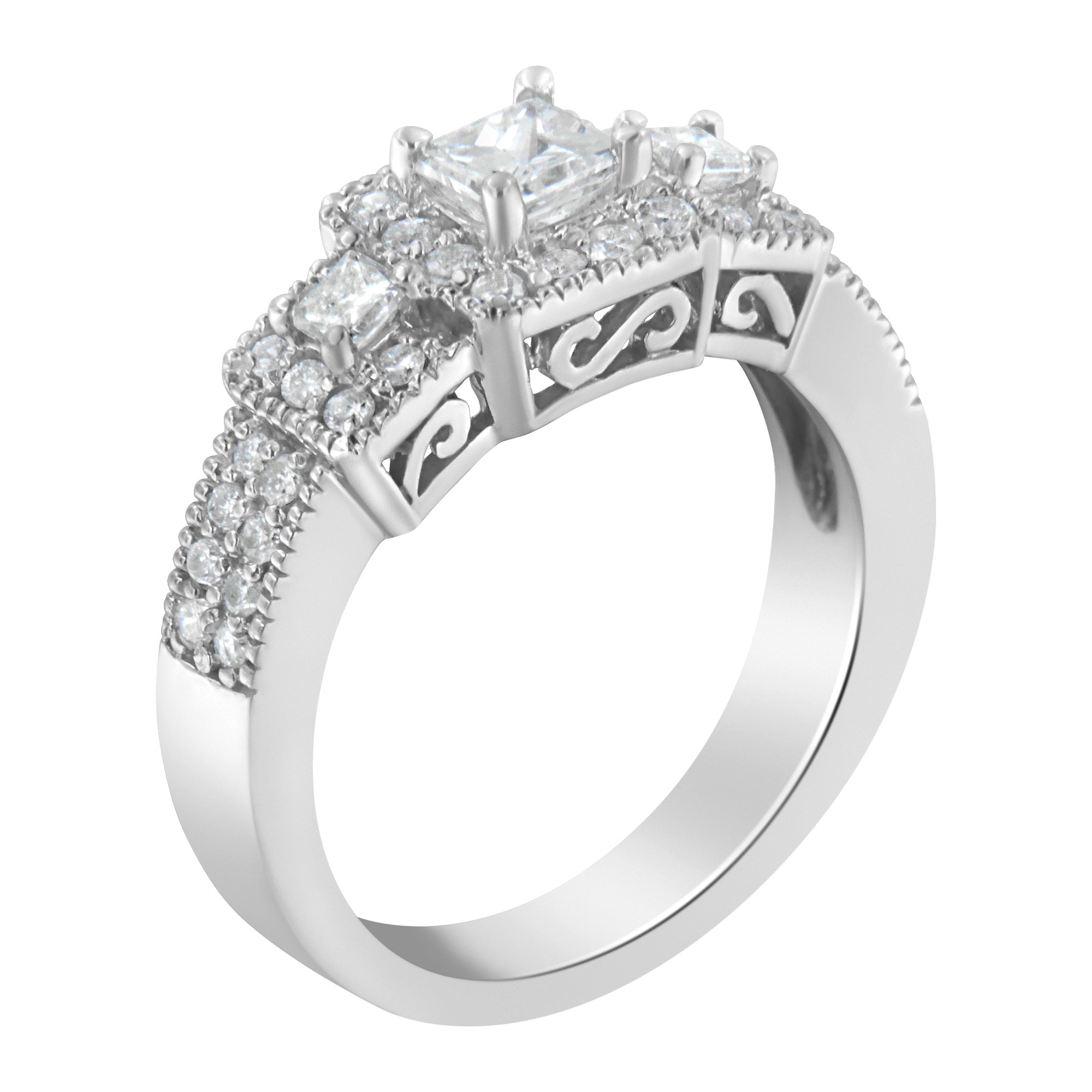 14K White Gold Round and Princess-Cut Diamond Three Stone Ring (1 Cttw, H-I Color, I1-I2 Clarity) - Size 7 DestGlow