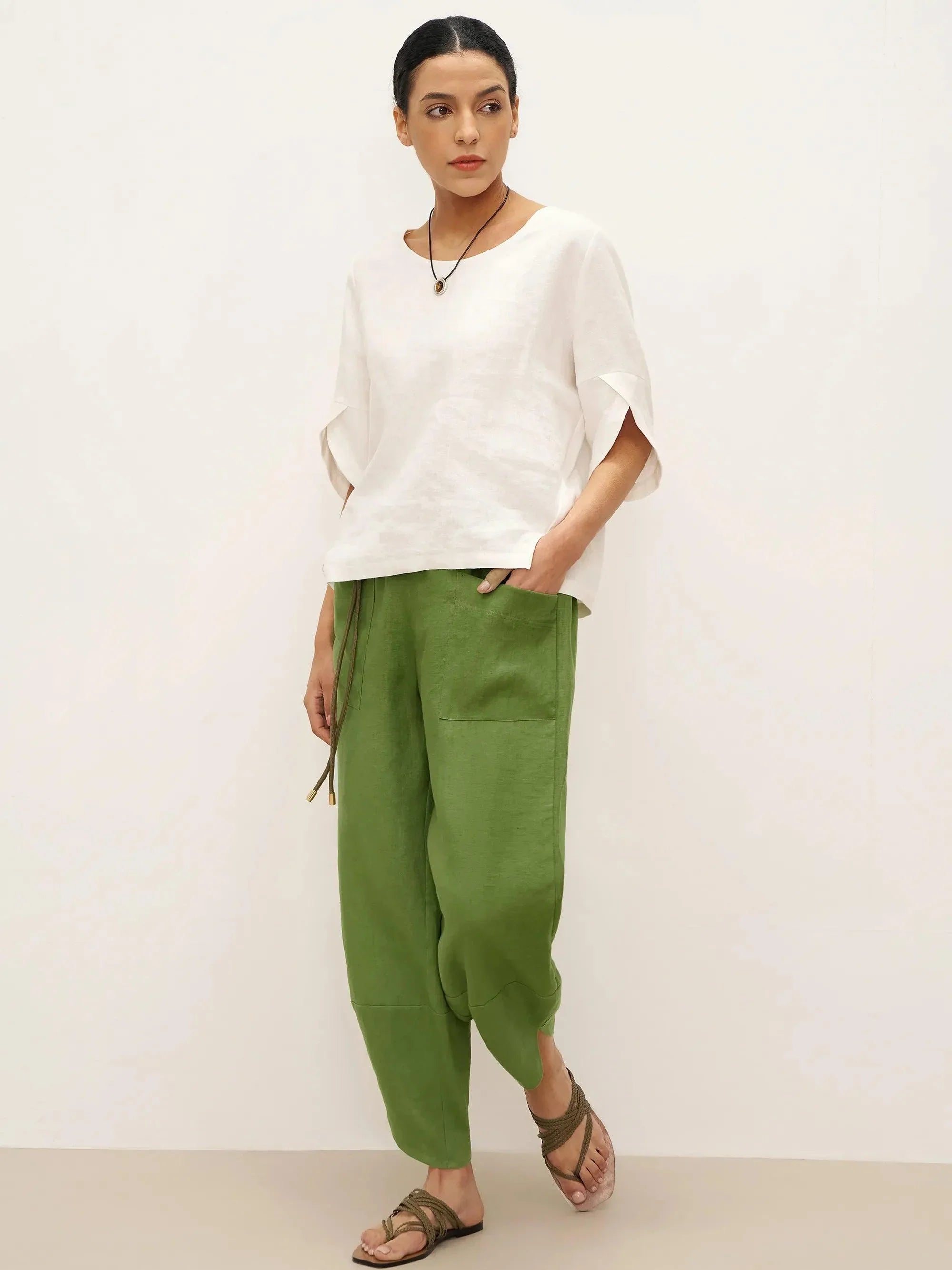100% Linen Petal-Hem Trousers with Elastic Waist LIV by LINTICO