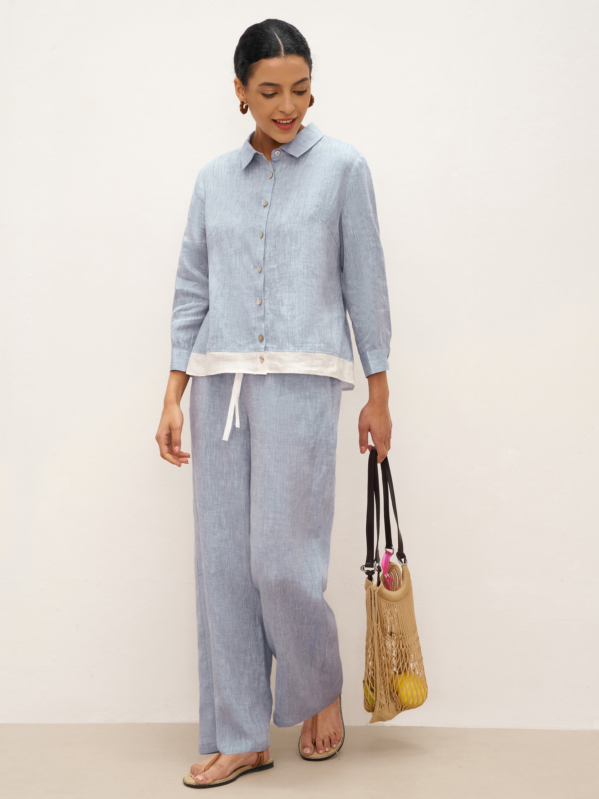 100% Linen Buttoned Closure Color-Blocked Shirt JANICE DestGlow