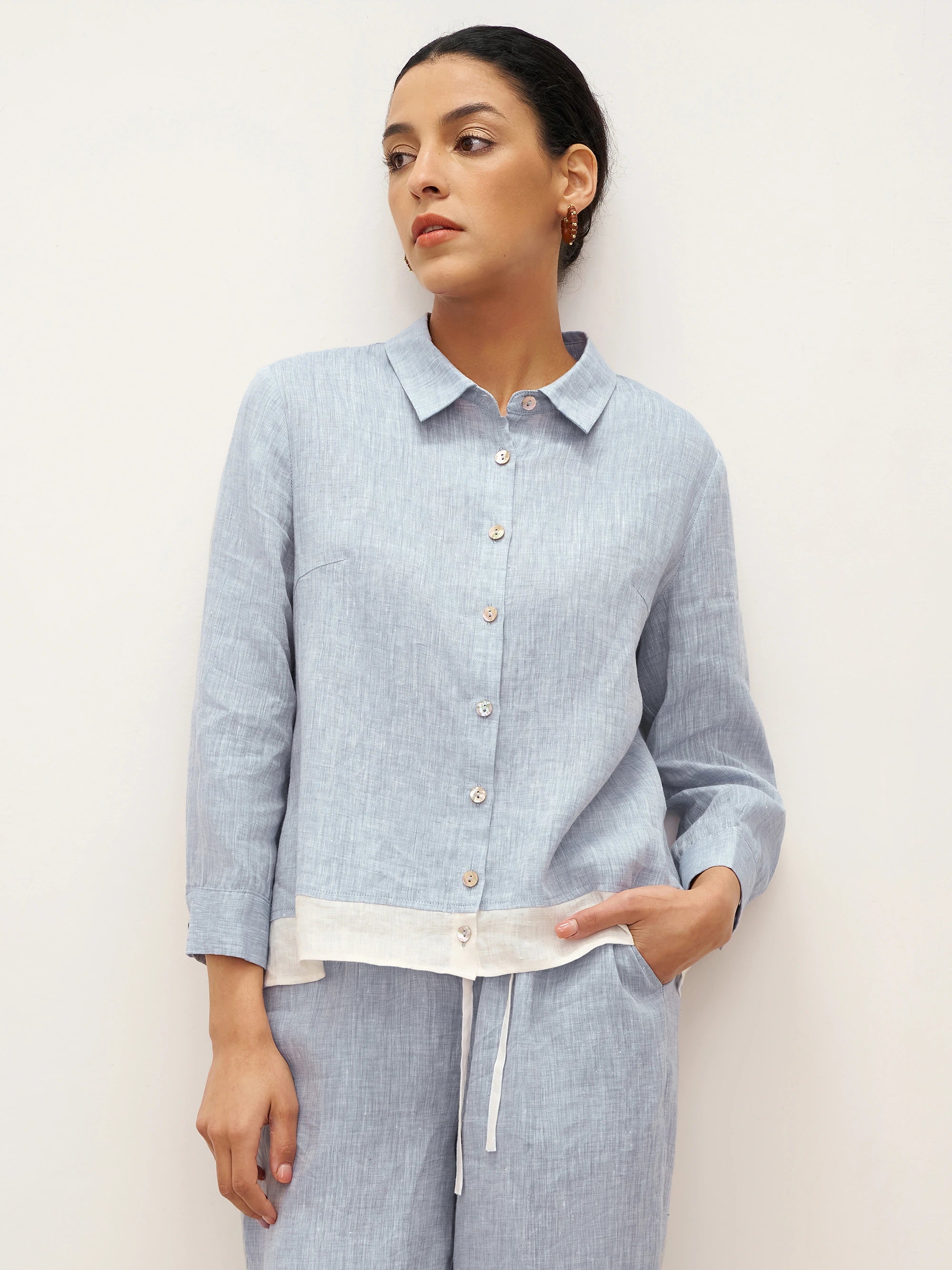 100% Linen Buttoned Closure Color-Blocked Shirt JANICE DestGlow