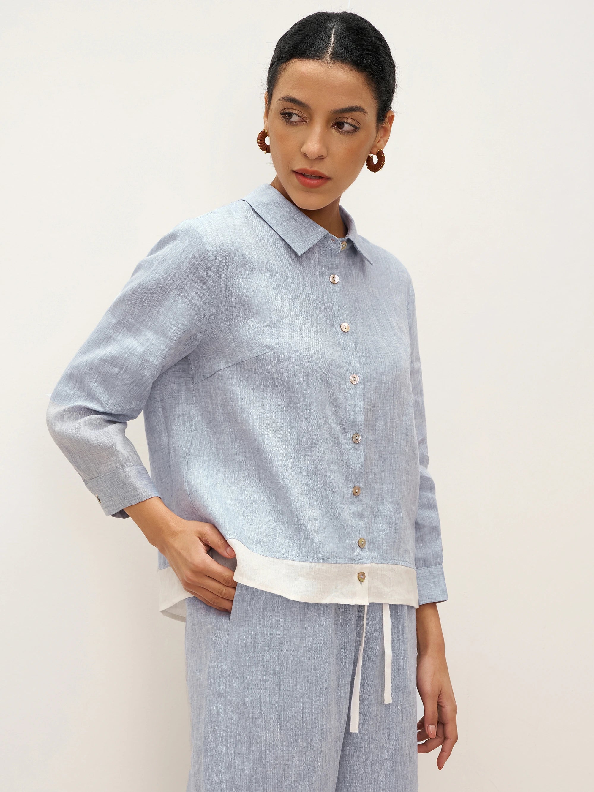 100% Linen Buttoned Closure Color-Blocked Shirt JANICE DestGlow