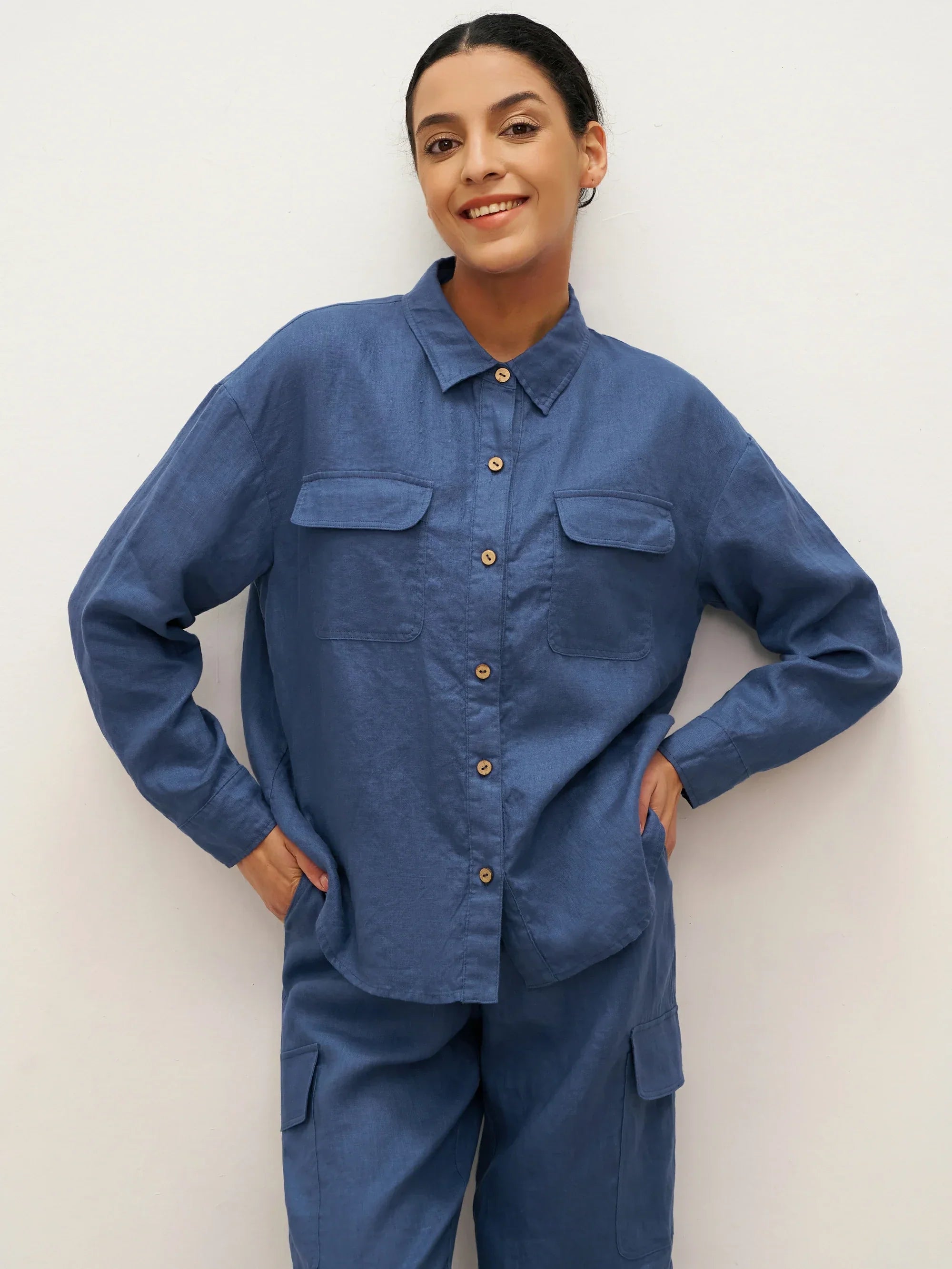 100% Linen Flap-Patch Buttoned Closure Shirt Jacket JANE by LINTICO