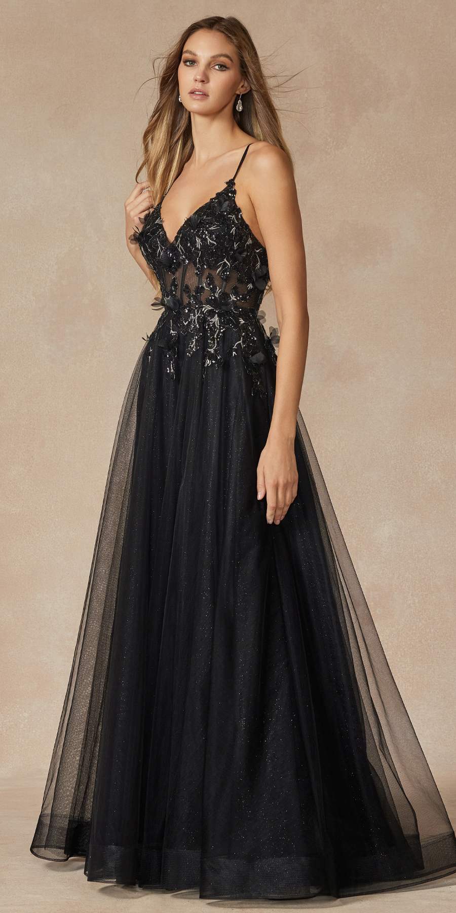 Juliet 2401 Floor Length A-Line Tulle Gown with Detachable Puff Sleeves by DiscountDressShop