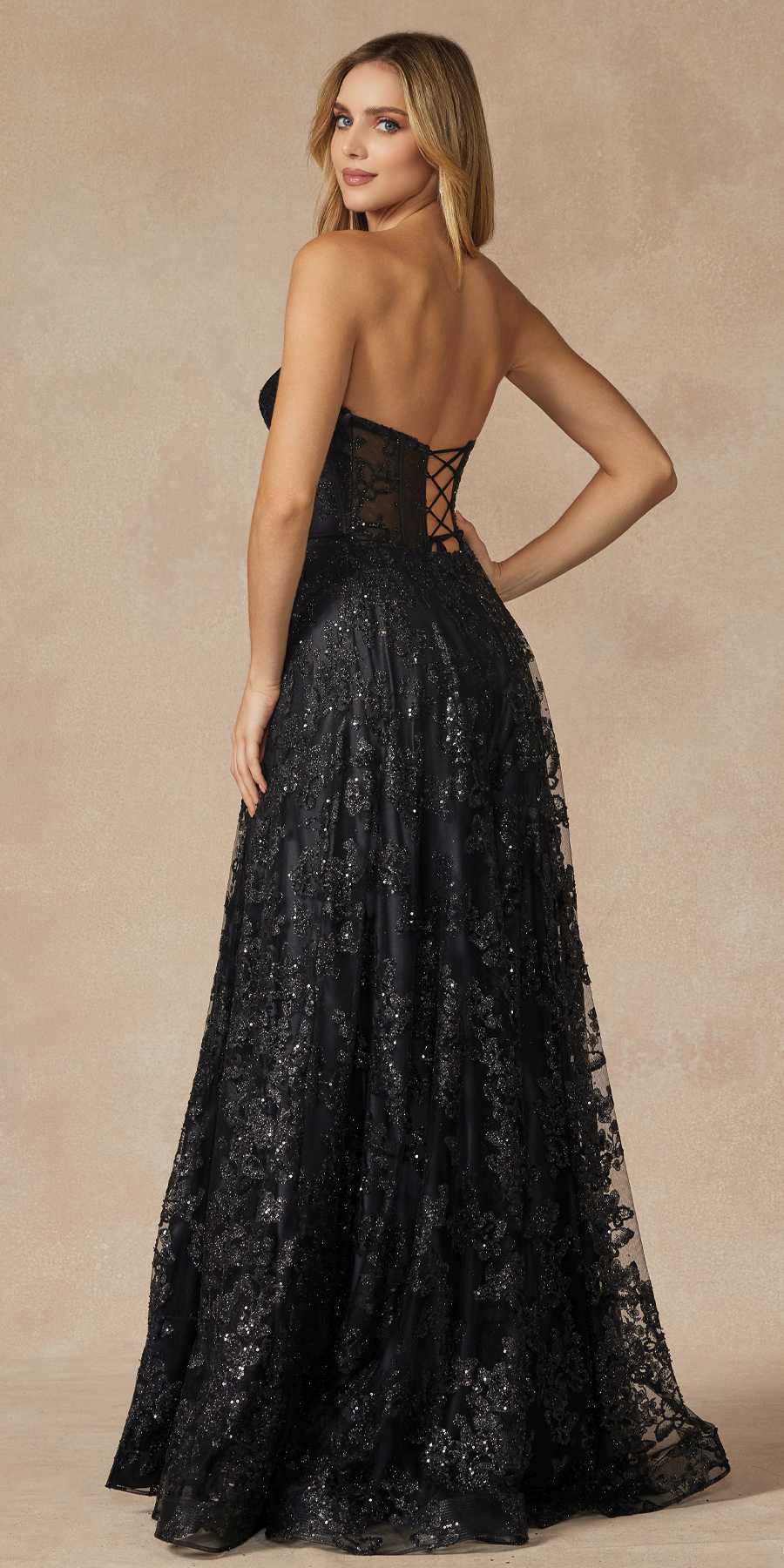Juliet 2403 Long Butterfly Glitter Embroidered Gown with Corset Top by DiscountDressShop