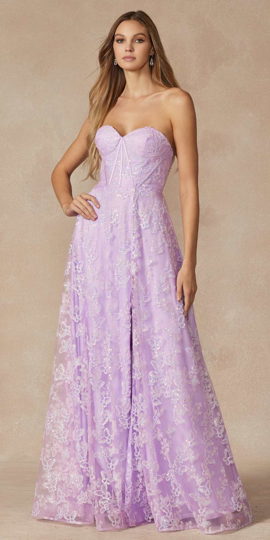 Juliet 2403 Long Butterfly Glitter Embroidered Gown with Corset Top by DiscountDressShop