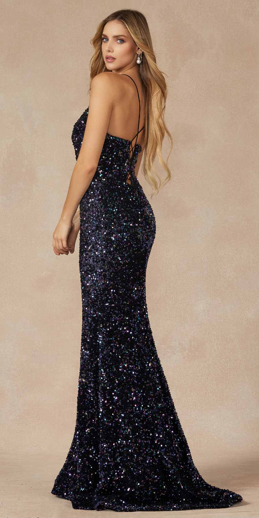 Juliet 2406 Velvet Sequin Fitted Gown V-Neckline Lace Up Back by DiscountDressShop