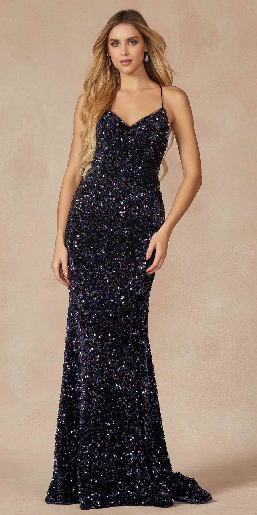 Juliet 2406 Velvet Sequin Fitted Gown V-Neckline Lace Up Back by DiscountDressShop