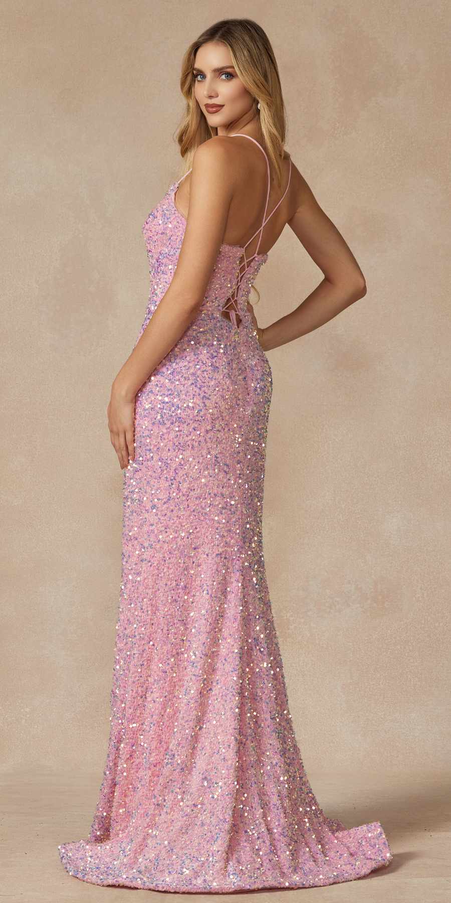 Juliet 2406 Velvet Sequin Fitted Gown V-Neckline Lace Up Back by DiscountDressShop