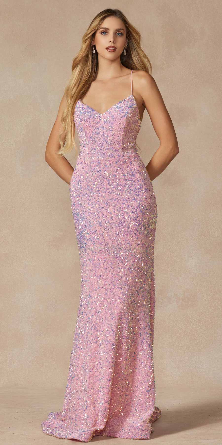 Juliet 2406 Velvet Sequin Fitted Gown V-Neckline Lace Up Back by DiscountDressShop