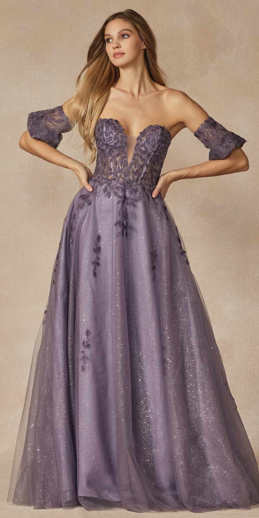 Juliet 2409 Floor Length A-Line Leaf Embroidered Gown Detachable Sleeves by DiscountDressShop
