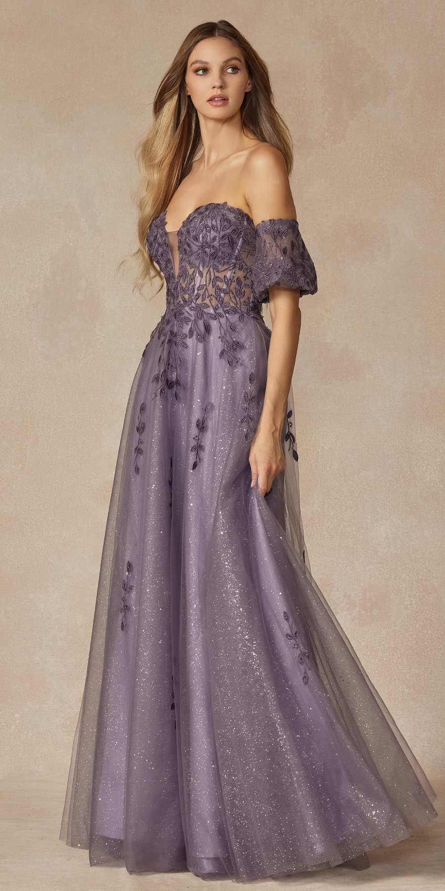 Juliet 2409 Floor Length A-Line Leaf Embroidered Gown Detachable Sleeves by DiscountDressShop