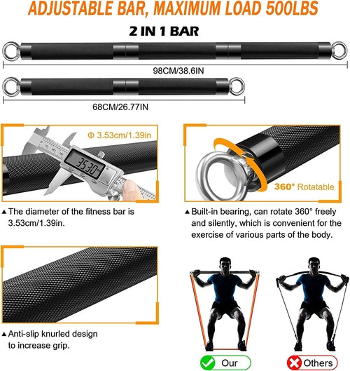 Resistance Band Bar Set - 500LBS Portable Full Body Workout Kit with Adjustable Bar & 4 Bands