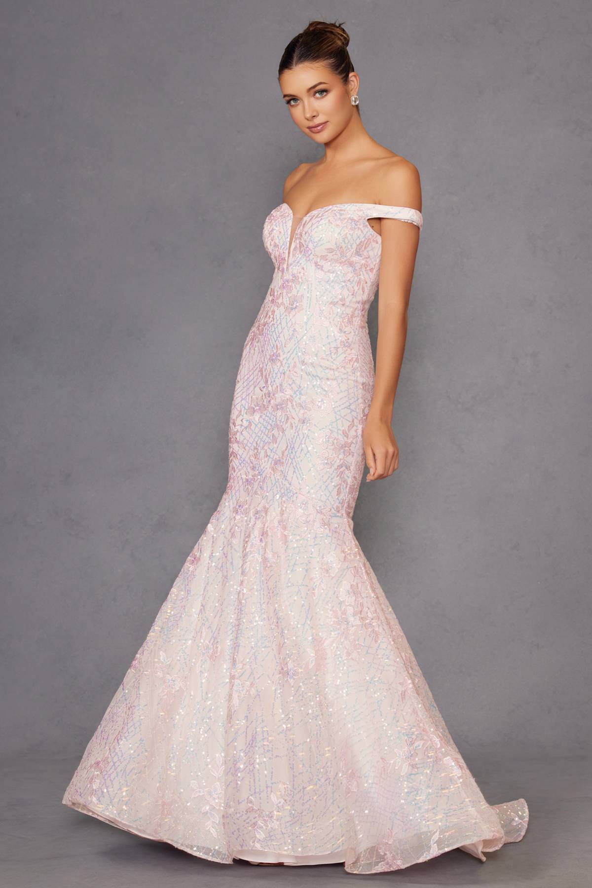 Juliet 2412 Mermaid Gown Plunging Deep V Illusion Neckline Off the Shoulder by DiscountDressShop