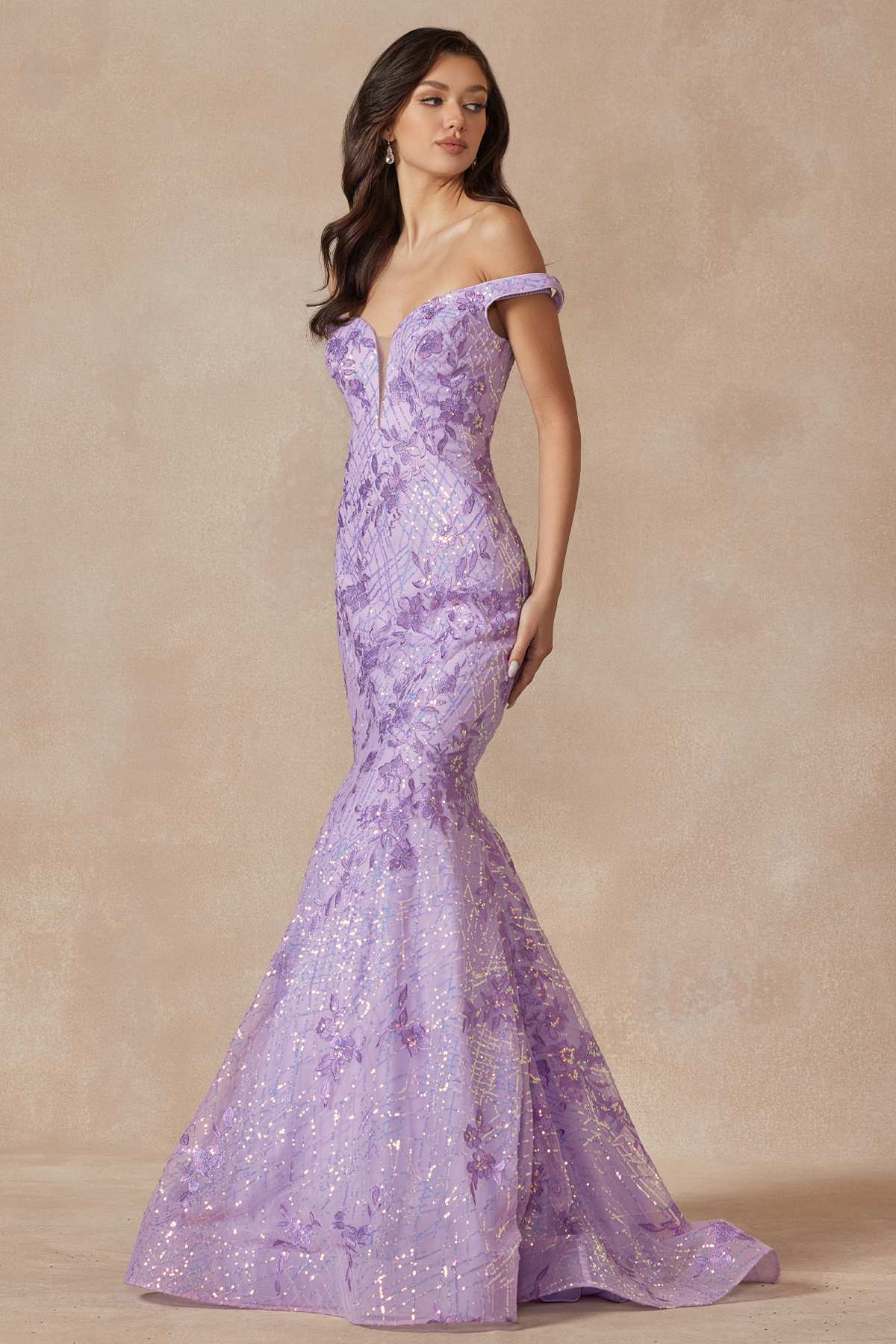 Juliet 2412 Mermaid Gown Plunging Deep V Illusion Neckline Off the Shoulder by DiscountDressShop
