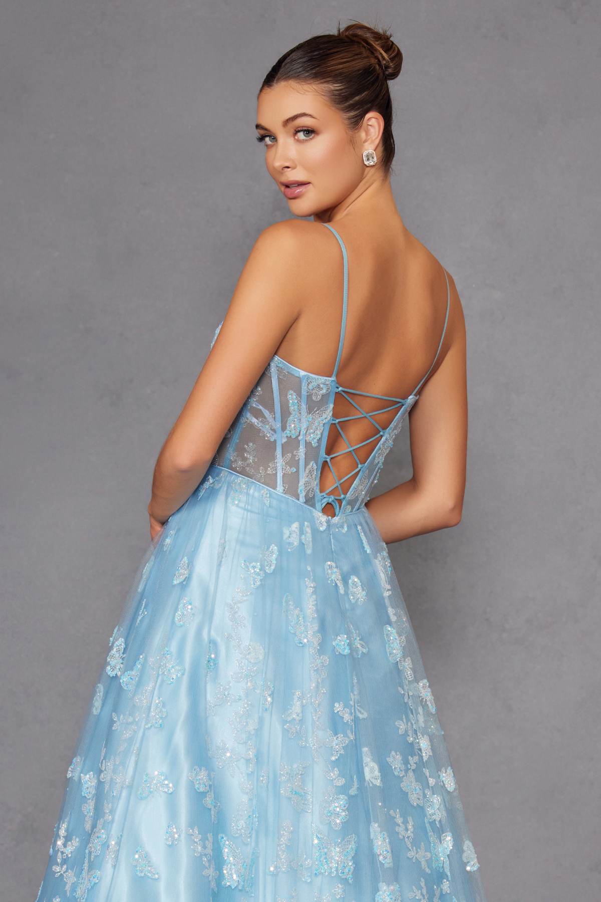 Juliet 2413 Long Butterfly Glitter Embroidered A-Line Gown with Corset Top by DiscountDressShop