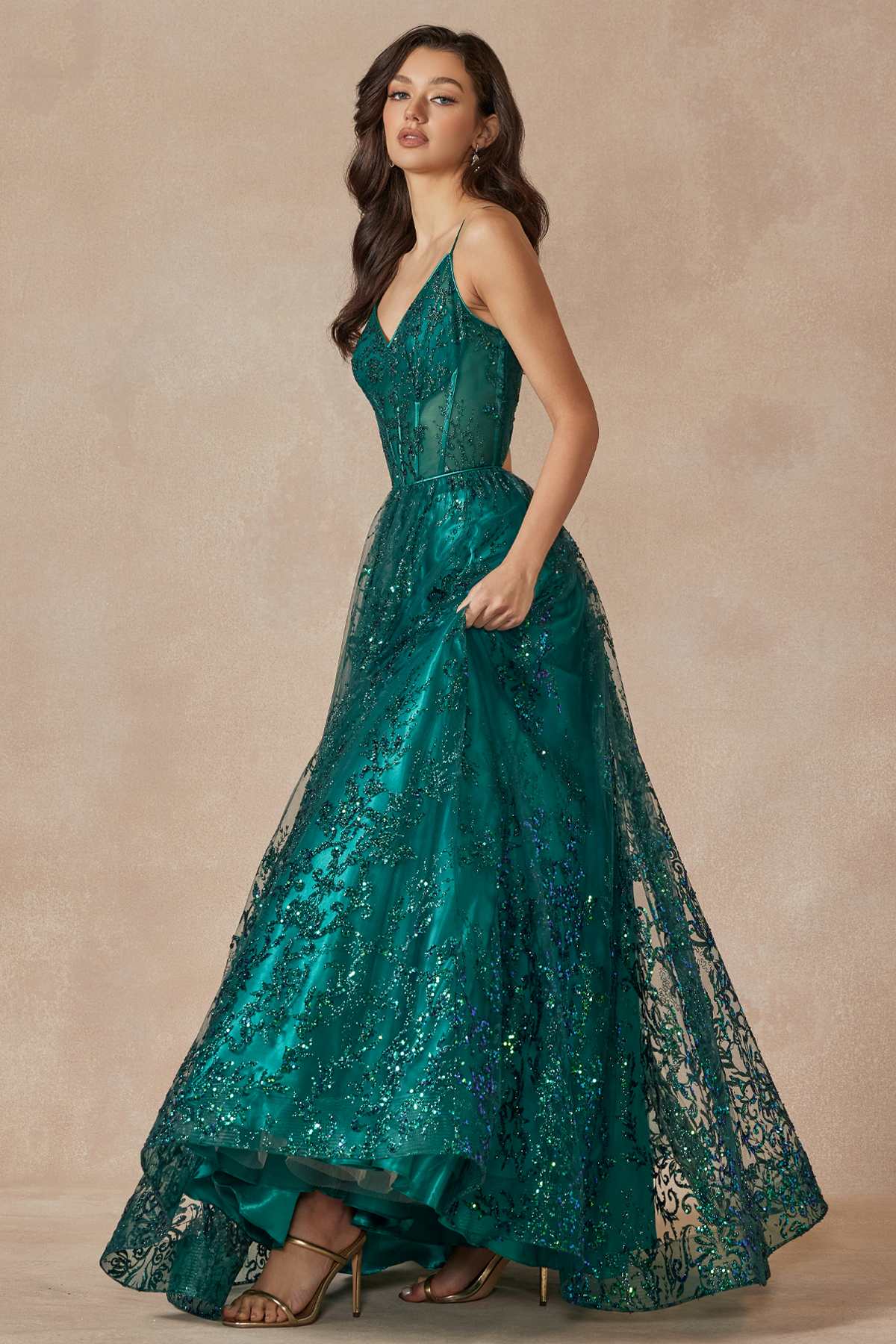 Juliet 2414 Floor Length A-Line Glitter Lace Tulle Ball Gown by DiscountDressShop