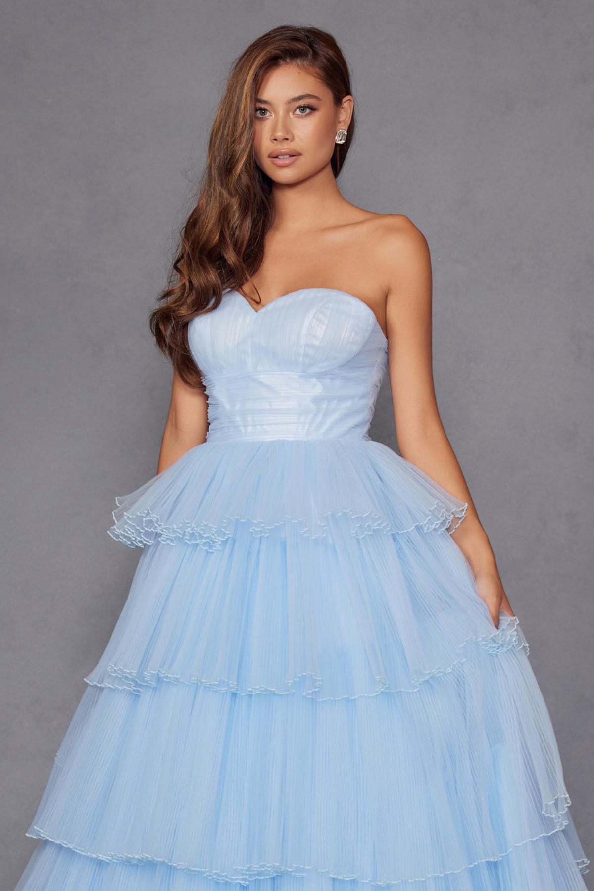 Juliet JT2452K Long Pleated Strapless Tiered Ruffle Tulle A-Line Gown by DiscountDressShop