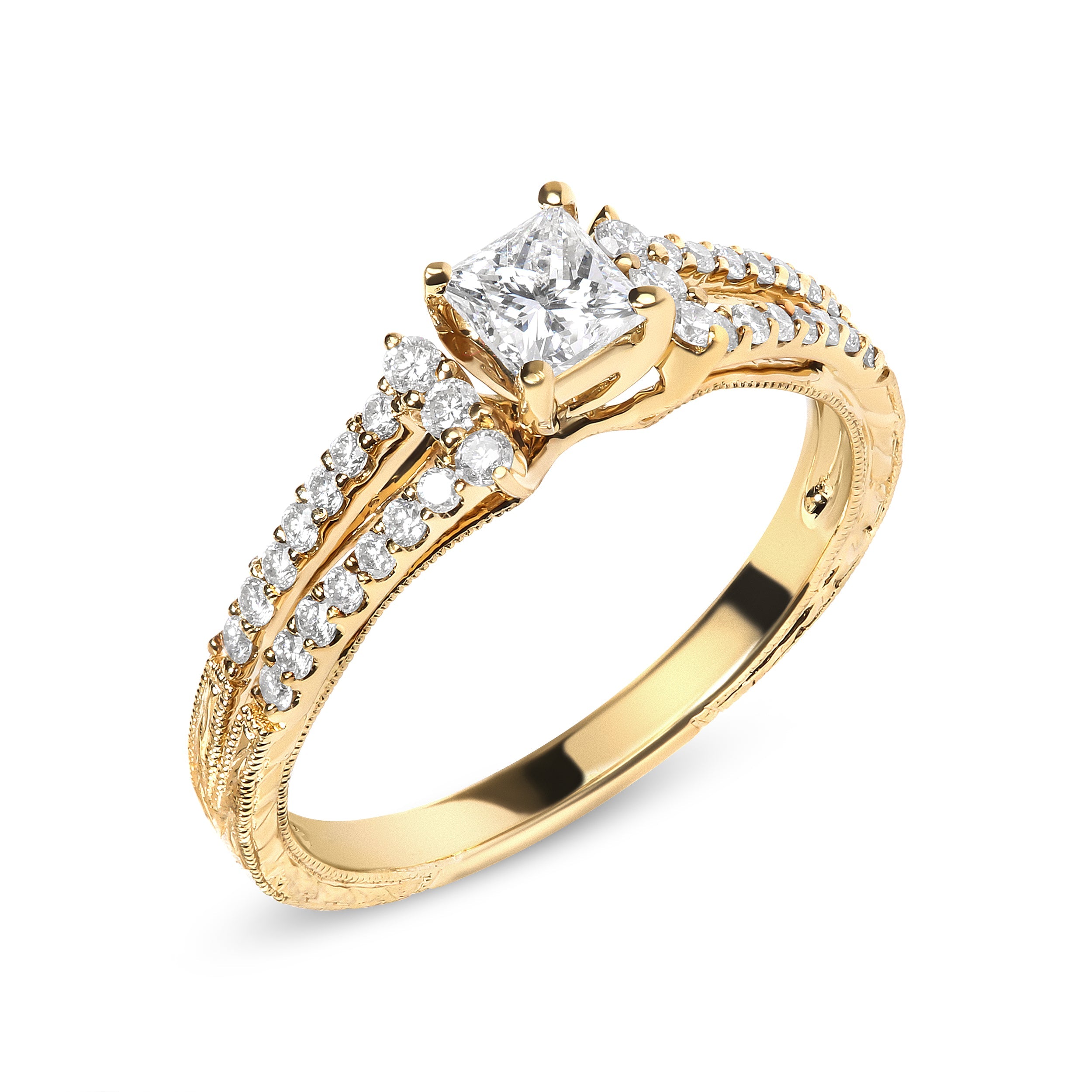 14K Yellow Gold Diamond 5/8 Cttw Princess Diamond Split Shank and Milgrain Engagement Ring (G-H Color, VS2-SI1 Clarity) - Size 7 by Bids.com