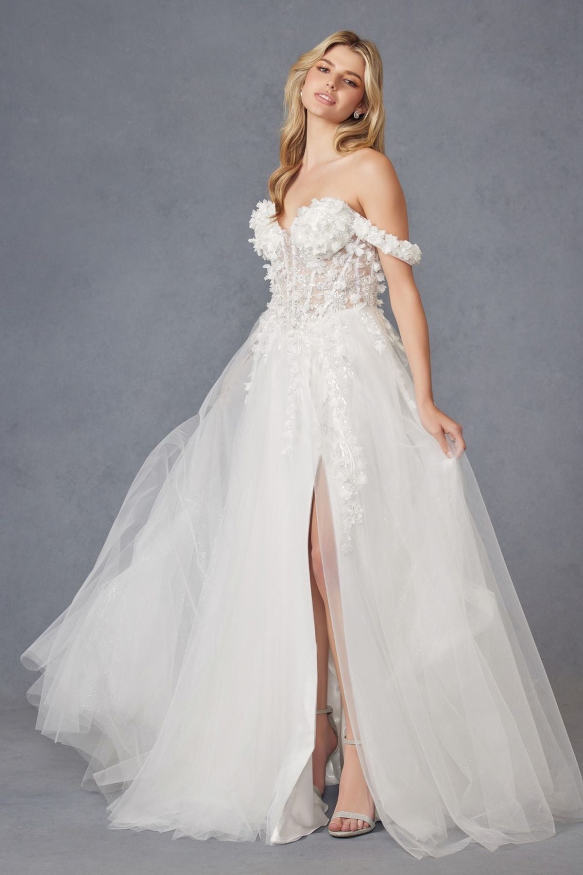 Juliet JT2483KW Dress Off Shoulder 3D Floral Ball Gown by DiscountDressShop