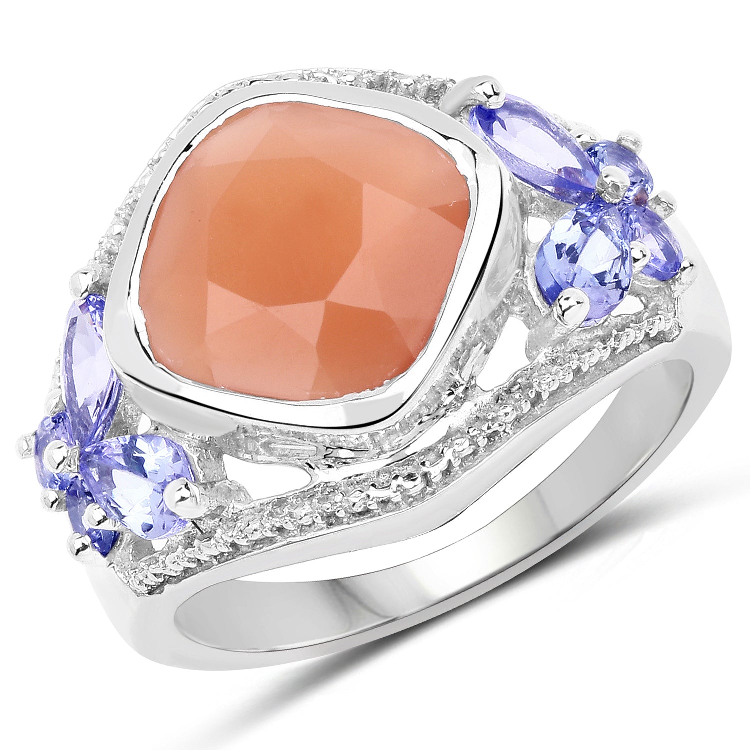 4.67 Carat Genuine Peach Moonstone and Tanzanite .925 Sterling Silver Ring by Bids.com