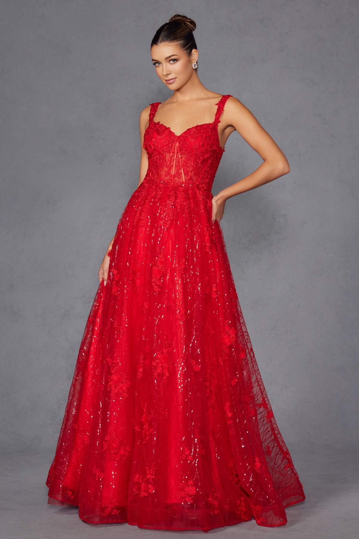 Juliet JT2495A Long A-Line Floral Lace Evening Gown by DiscountDressShop